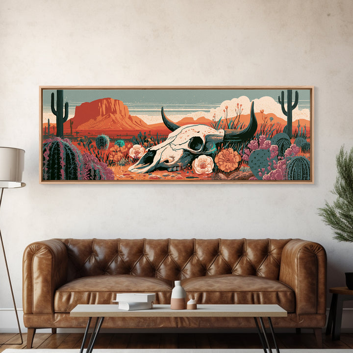 Sun Bleached Skull and Desert Flowers Canvas Print, Desert Art, Landscape Wall Art, Southwestern Decor, Watercolor Art, Desert, DES-3x1-4