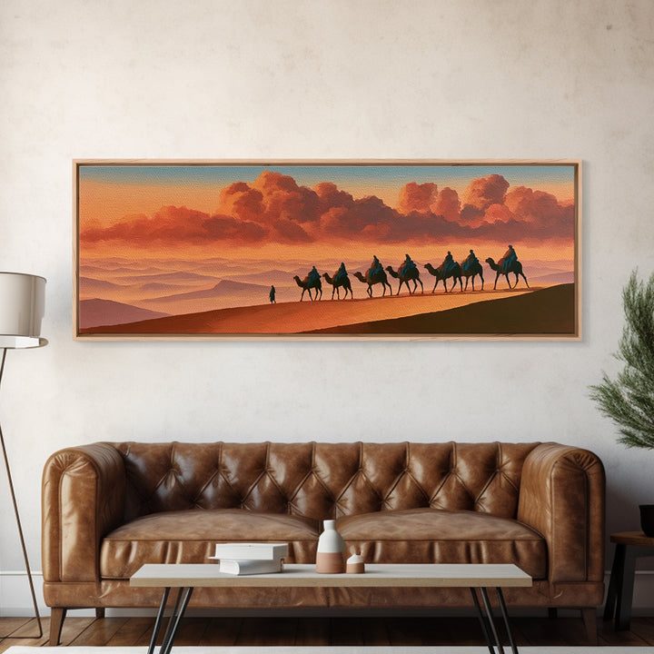 Camel Caravan Crossing Golden Dunes Framed Canvas Print, Desert Art, Boho, Southwestern Decor, Desert, Mountain Wall Art, DES-3x1-47