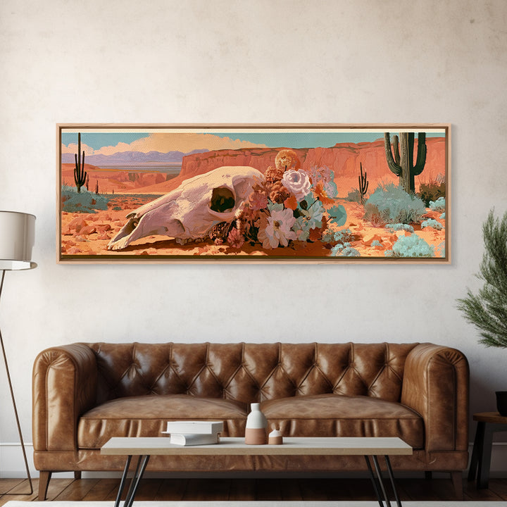 Sun Bleached Skull and Desert Flowers Framed Canvas Print, Desert Art, Contemporary Art, Southwestern Decor, Fine Art, Desert, DES-3x1-52
