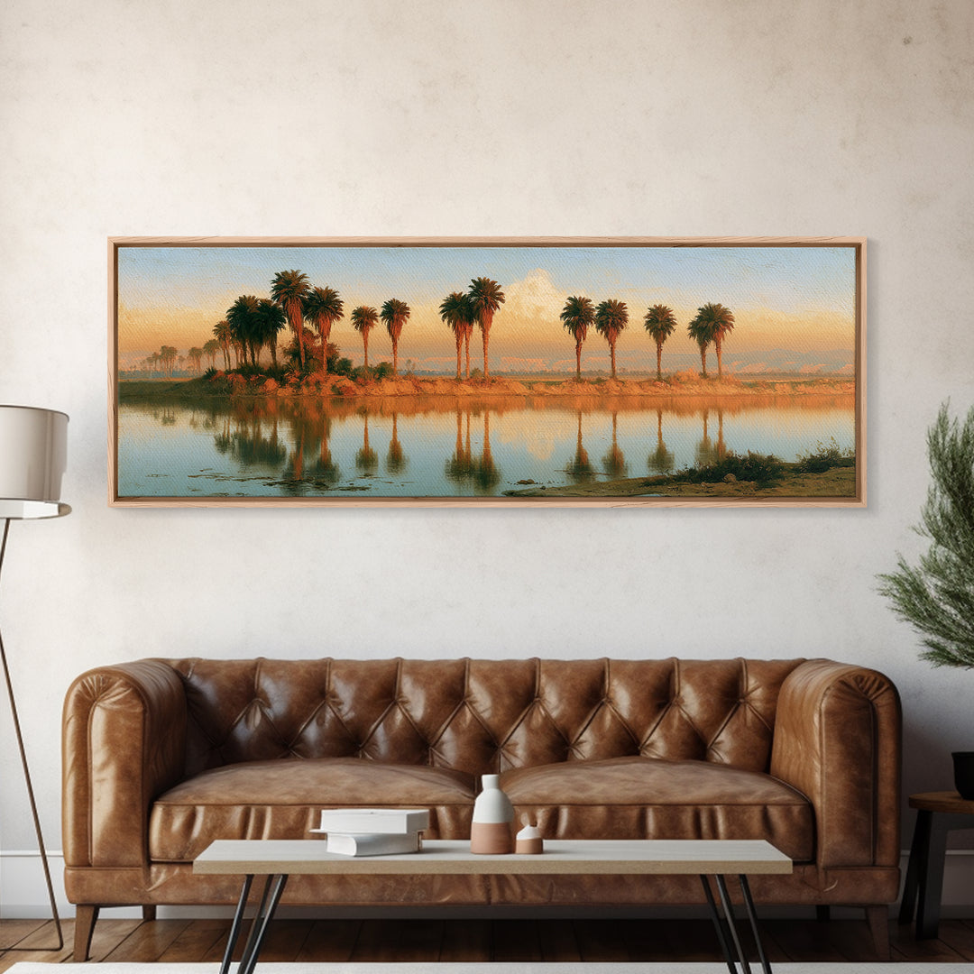 Palm Oasis Reflected Framed Canvas Print, Desert Art, Wall Art Prints, Southwestern Decor, Oil Painting, Desert, Boho Decor, DES-3x1-55