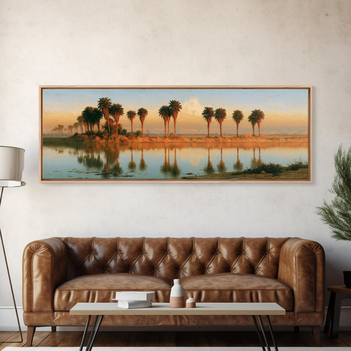 Palm Oasis Reflected Framed Canvas Print, Desert Art, Wall Art Prints, Southwestern Decor, Oil Painting, Desert, Boho Decor, DES-3x1-55