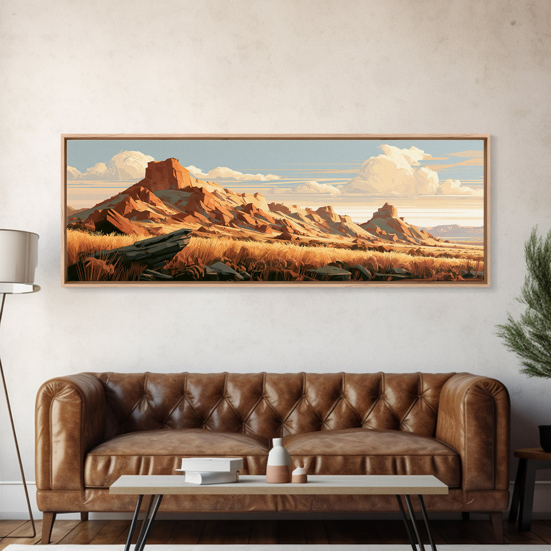 Terracotta and Cream Geometric Landscape Framed Canvas Print, Desert Art, Western Wall Art, Southwestern Decor, Oil Painting, DES-3x1-58