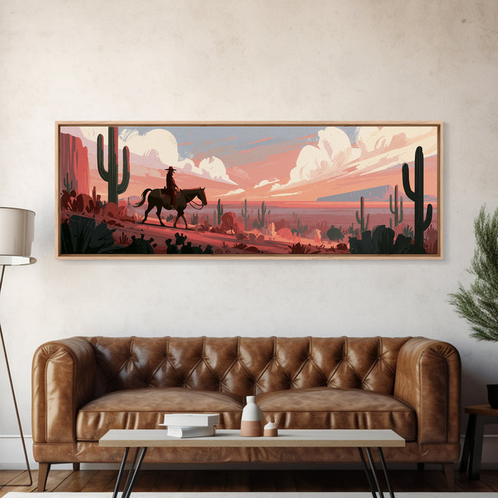 Dusty Horseback Rider at Sunset Framed Canvas Print, Desert Art, Room Decor, Southwestern Decor, Desert, Abstract Wall Art, DES-3x1-63