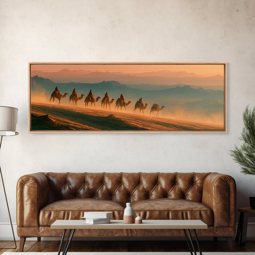 Camel Caravan Crossing Golden Dunes Canvas Print, Desert Art, Boho Wall Art, Southwestern Decor, Oil Painting, Desert, DES-3x1-71