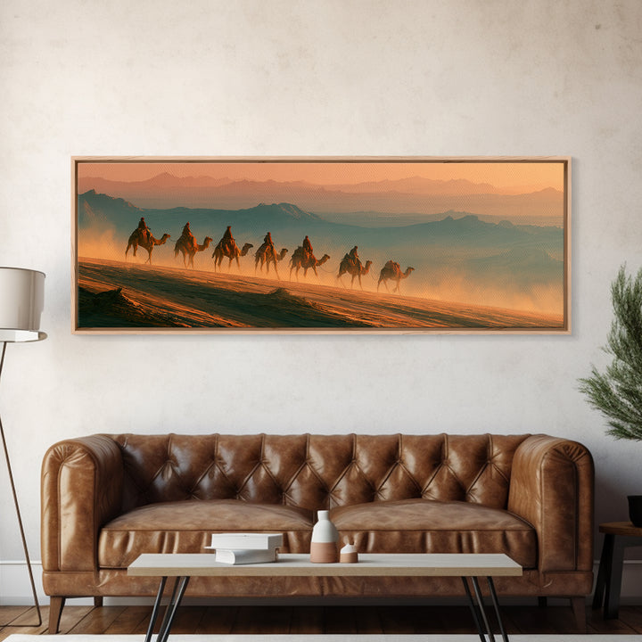 Camel Caravan Crossing Golden Dunes Canvas Print, Desert Art, Boho Wall Art, Southwestern Decor, Oil Painting, Desert, DES-3x1-71