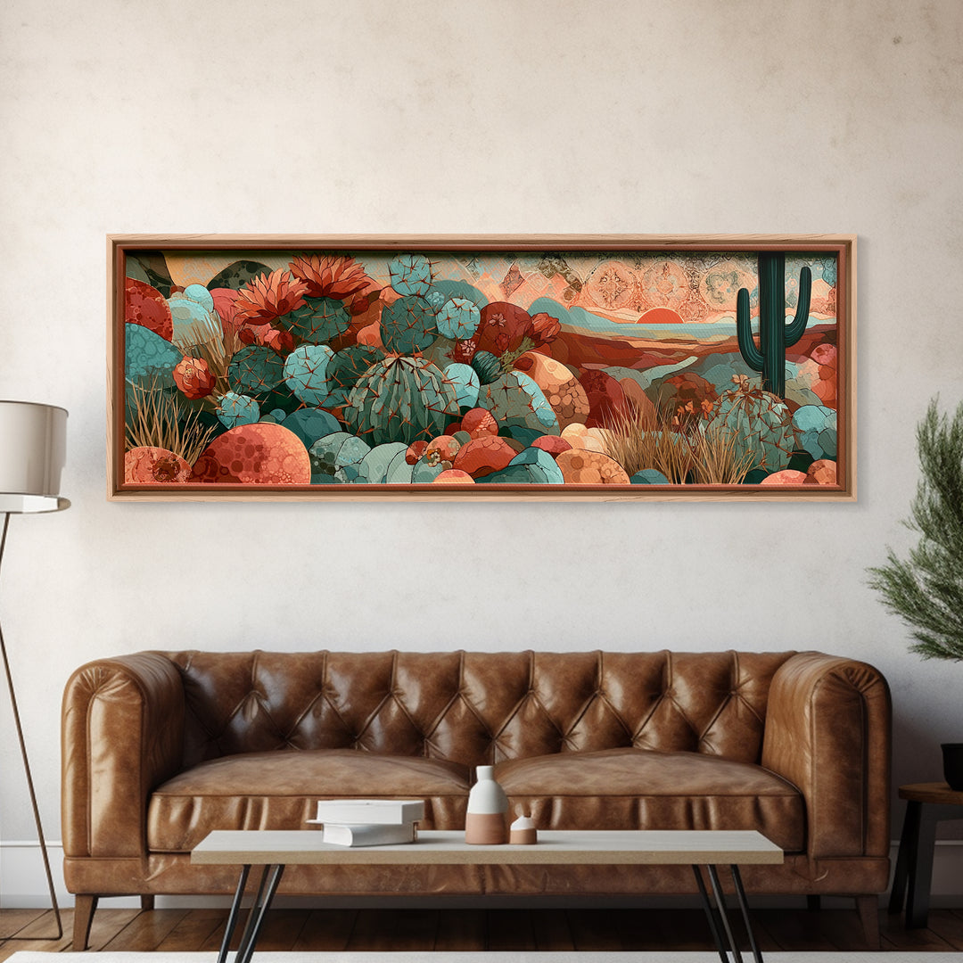 Cactus Botanical Plate Framed Canvas Print, Desert Art, Digital Prints, Southwestern Decor, Fine Art, Desert, Boho Wall Art, DES-3x1-72
