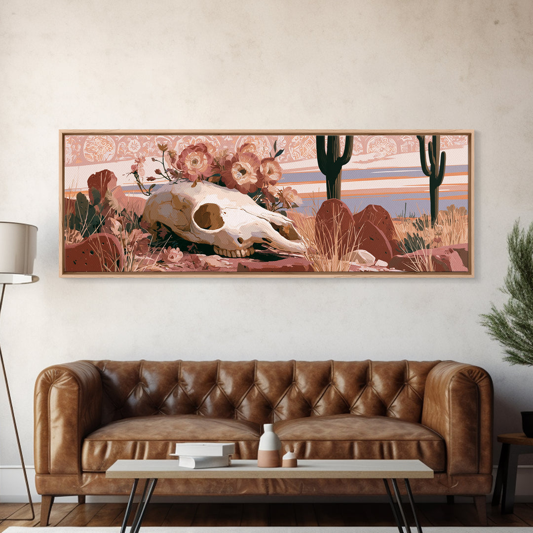 Sun Bleached Skull and Desert Flowers Canvas Print, Desert Art, Print, Southwestern Decor, Oil Painting, Desert, DES-3x1-76
