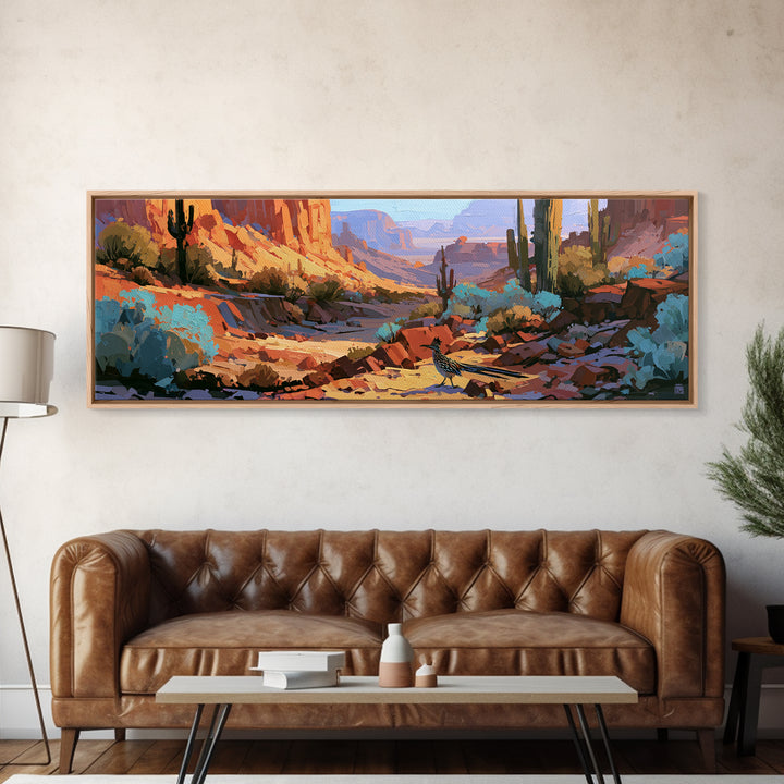 Roadrunner Bird in a Dry Wash Canvas Print, Desert Art, Printable Art, Southwestern Decor, Oil Painting, Desert, DES-3x1-78