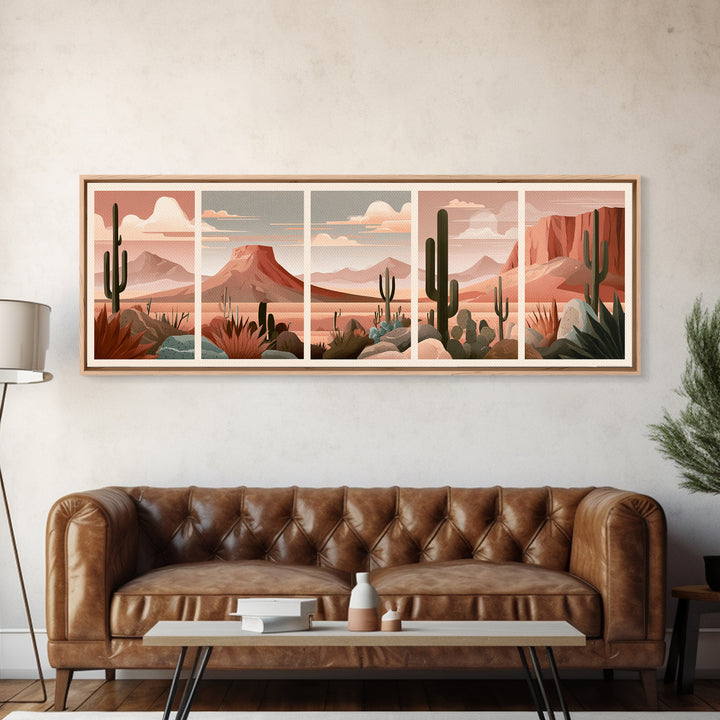 Terracotta and Cream Geometric Landscape Framed Canvas Print, Desert Art, Western Wall Art, Southwestern Decor, Oil Painting, DES-3x1-82