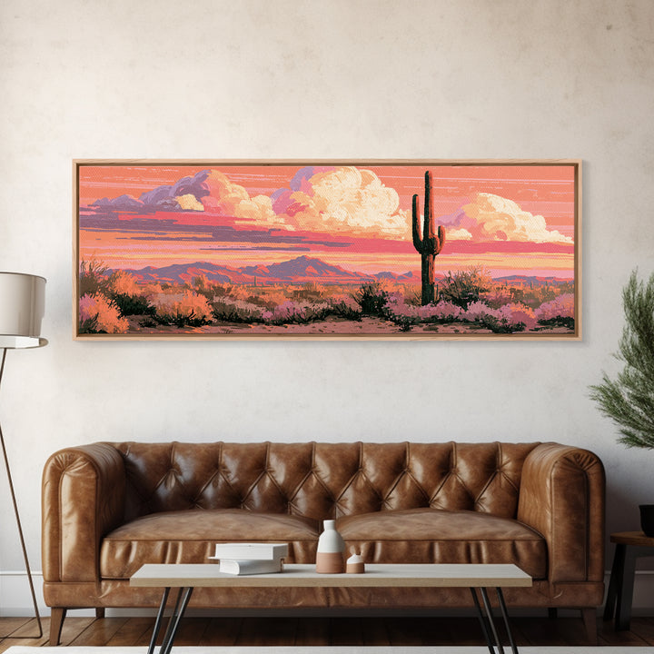 Saguaro Cactus under Orange Sunset Sky Framed Canvas Print, Desert Art, Wall Art, Southwestern Decor, Fine Art, Desert, DES-3x1-89