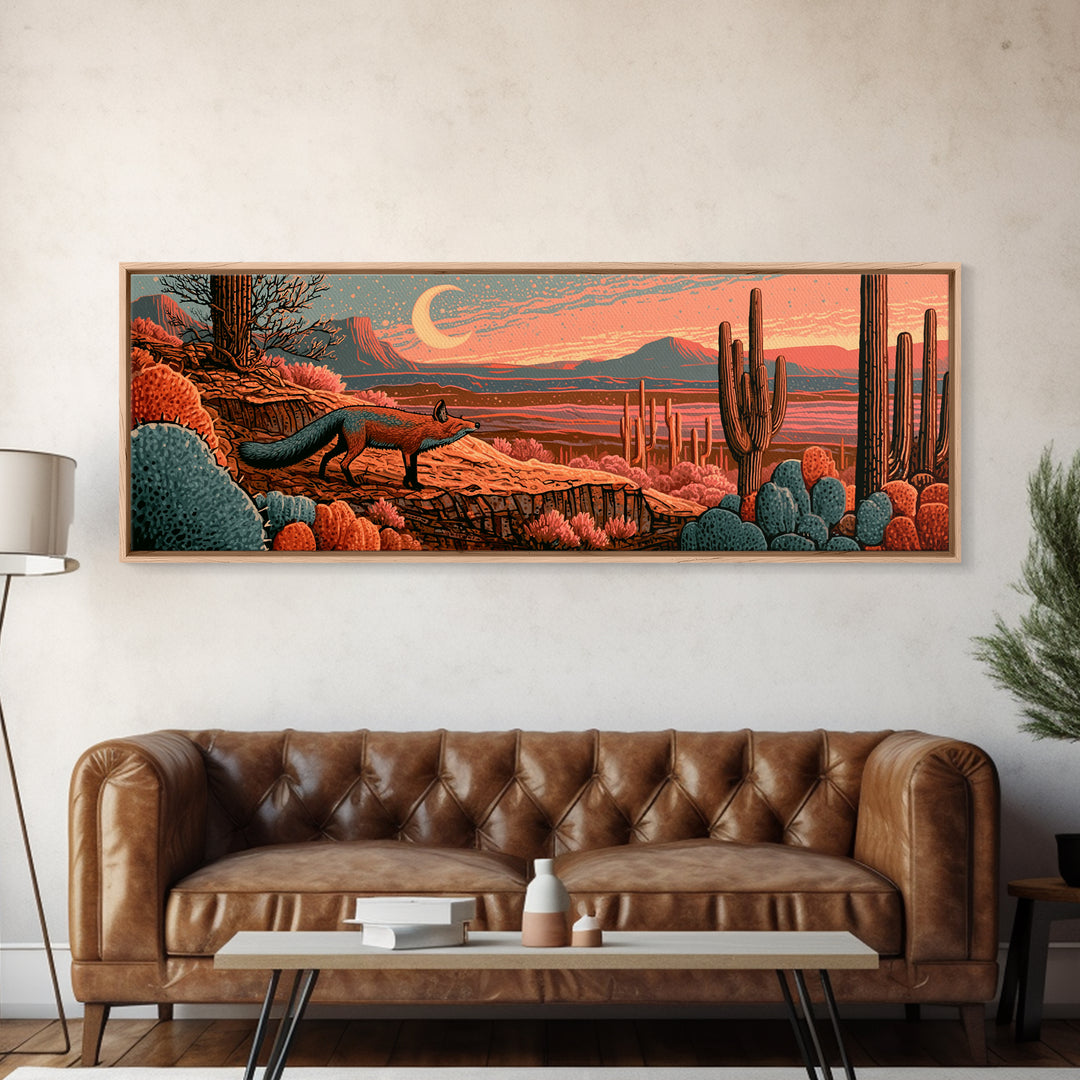 Desert Fox Beneath a Crescent Moon Framed Canvas Print, Desert Art, Mountain Wall Art, Southwestern Decor, Fine Art, Desert, DES-3x1-9