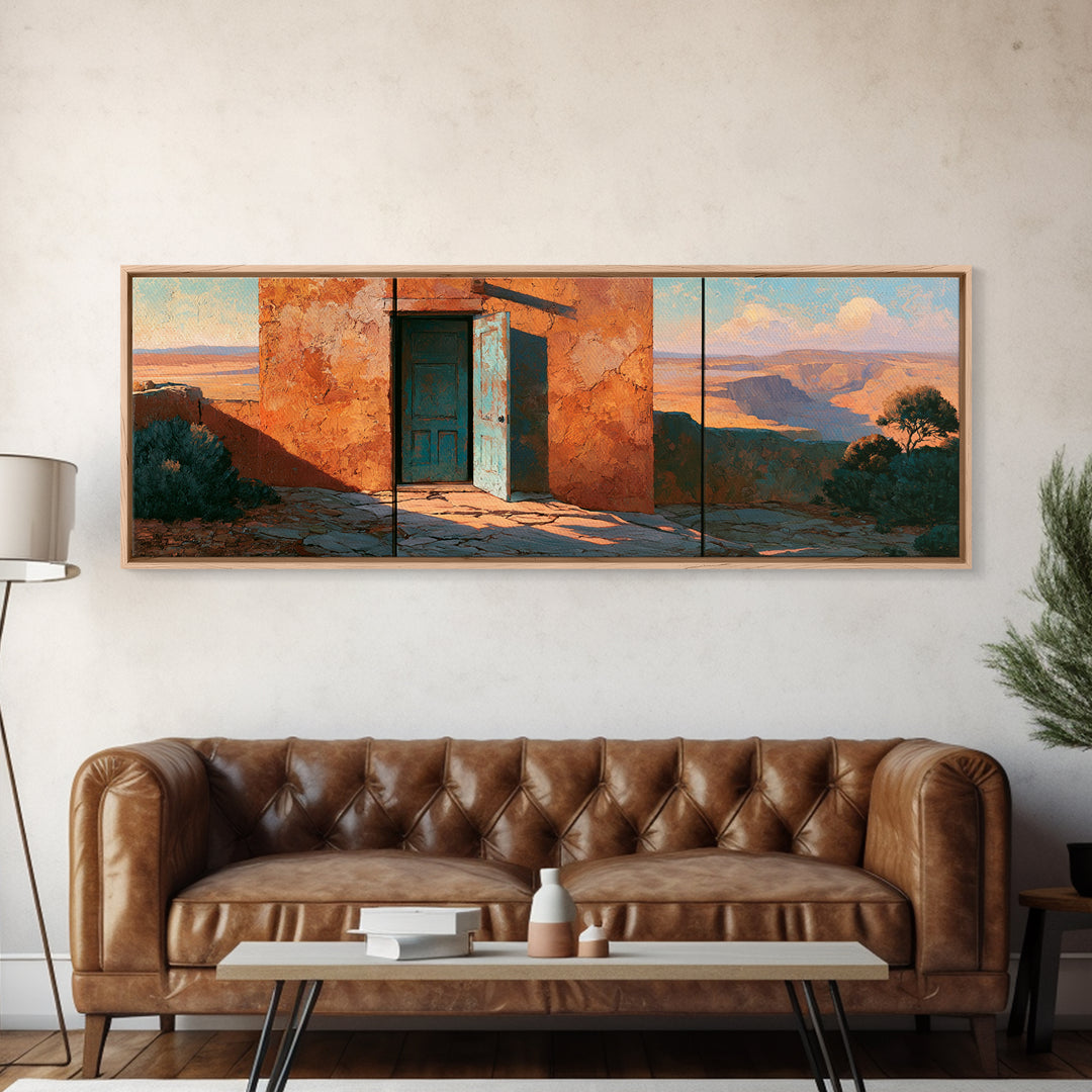 Adobe Doorway with Turquoise Shadow Canvas Print, Desert Art, Southwestern Decor, Oil Painting, Desert, Printable Art, DES-3x1-93