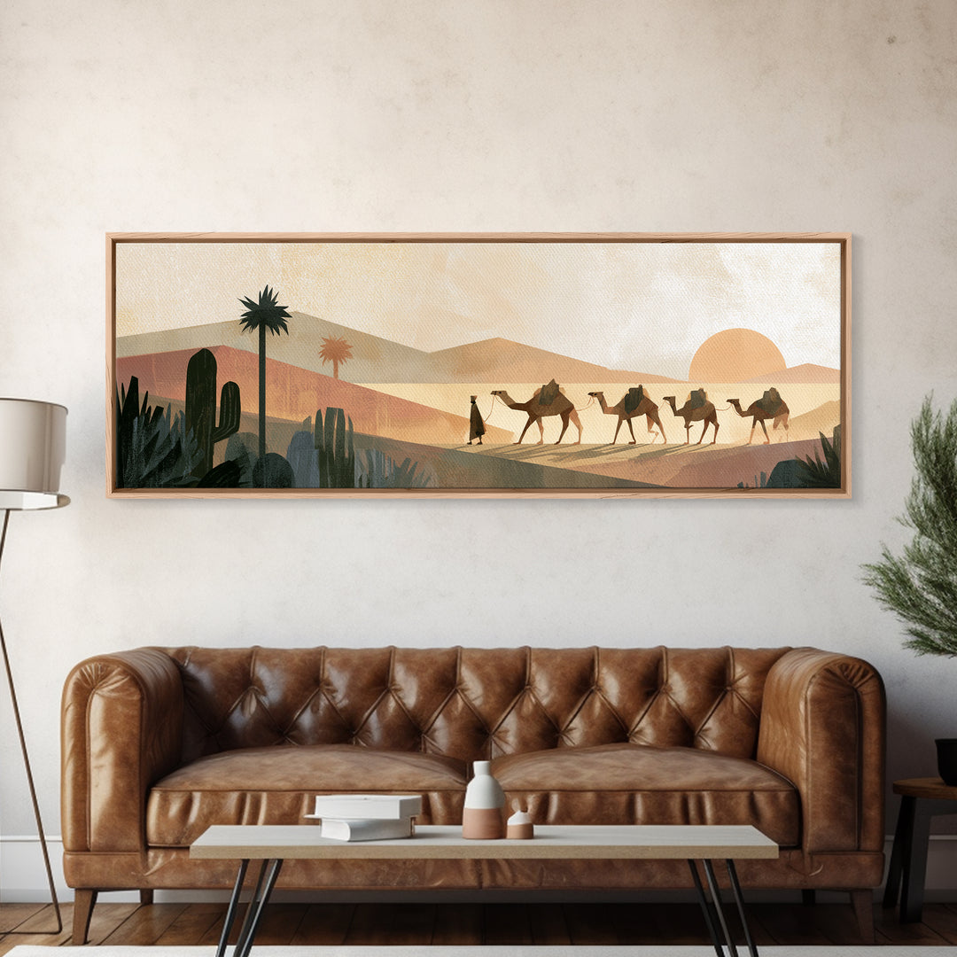 Camel Caravan Crossing Golden Dunes Canvas Print, Desert Art, Watercolor Painting, Southwestern Decor, Fine Art, Desert, DES-3x1-95