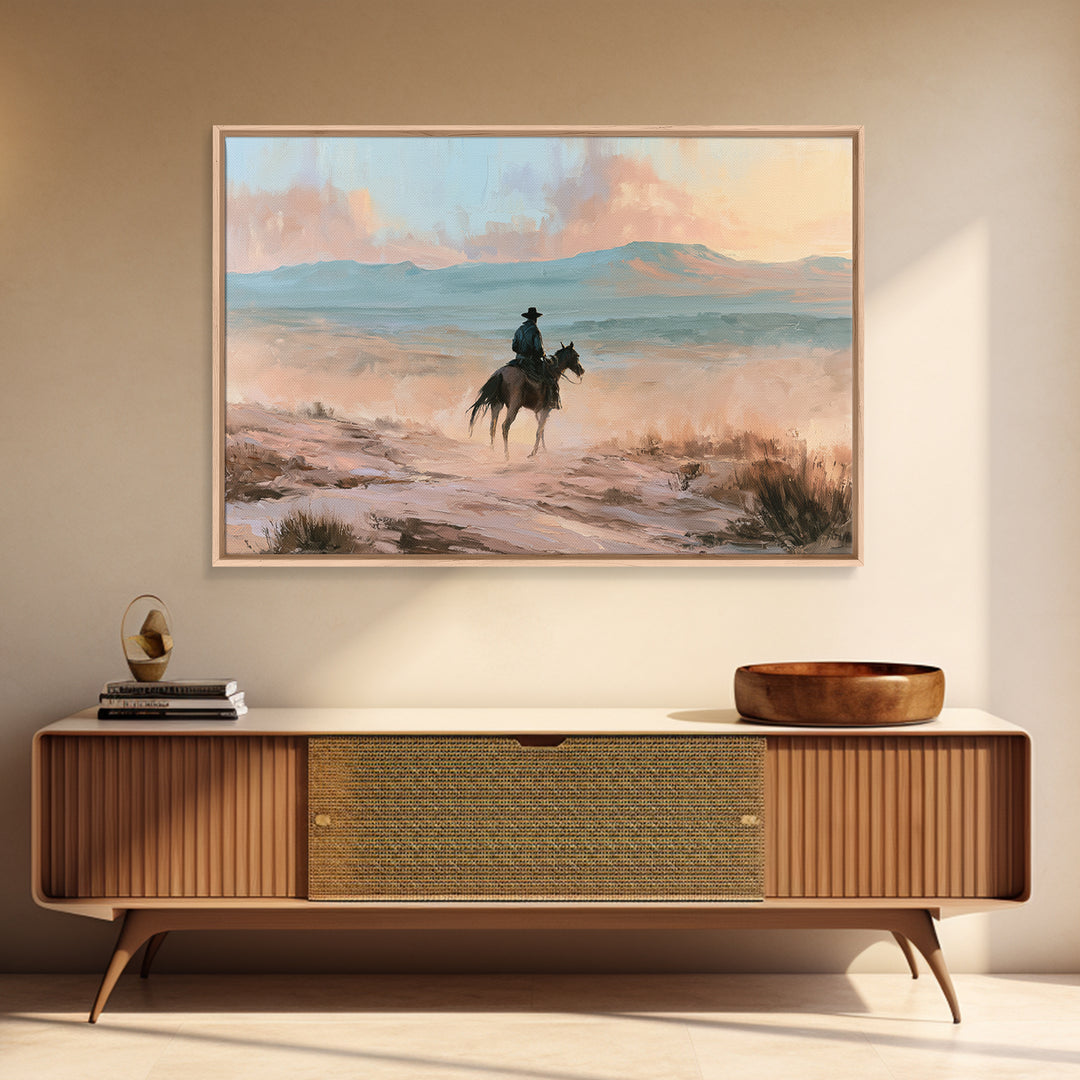 Dusty Horseback Rider at Sunset Framed Canvas Print, Desert Art, Wall Art, Southwestern Decor, Desert, Apartment Decor, DES-3x2-27