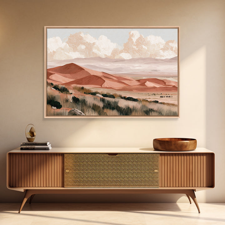 Saharan Dunes with Tiny Caravan Silhouettes Canvas Print, Desert Art, Digital Download Art, Southwestern Decor, Oil Painting, DES-3x2-30