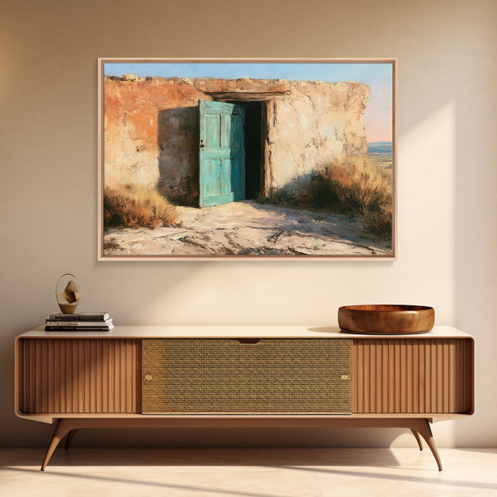 Adobe Doorway with Turquoise Shadow Framed Canvas Print, Desert Art, Contemporary Art, Southwestern Decor, Fine Art, Desert, DES-3x2-81