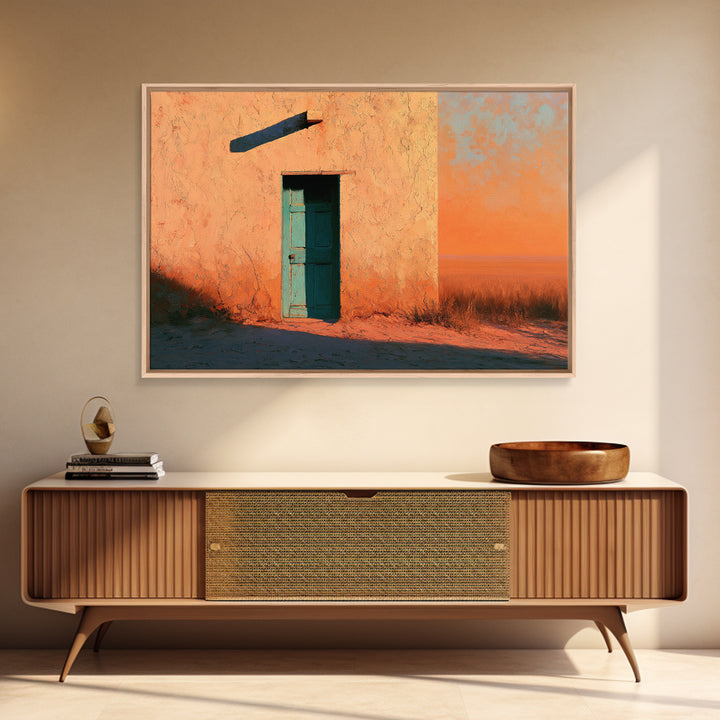 Adobe Doorway with Turquoise Shadow Framed Canvas Print, Desert Art, Nature Wall Art, Southwestern Decor, Oil Painting, Desert, DES-3x2-9