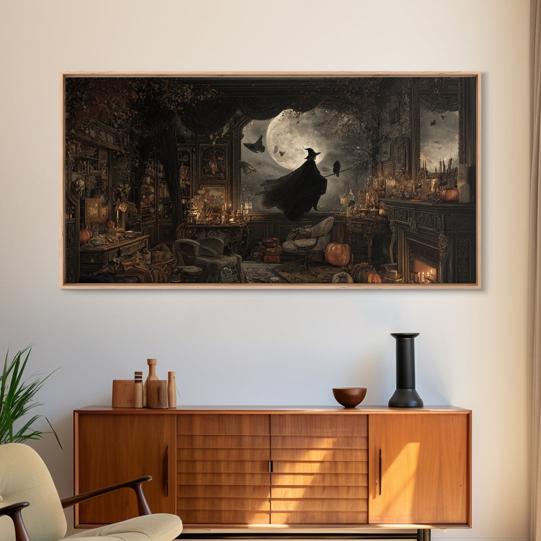The Moonlit Witch, Wide Panoramic Art, Haunted Gothic Art, Framed Canvas Print, Halloween Wall Decor, Gothic Home Decor, Halloween Wall Art