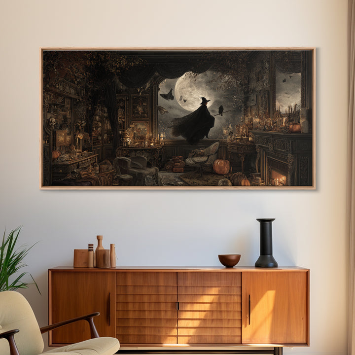 The Moonlit Witch, Wide Panoramic Art, Haunted Gothic Art, Framed Canvas Print, Halloween Wall Decor, Gothic Home Decor, Halloween Wall Art