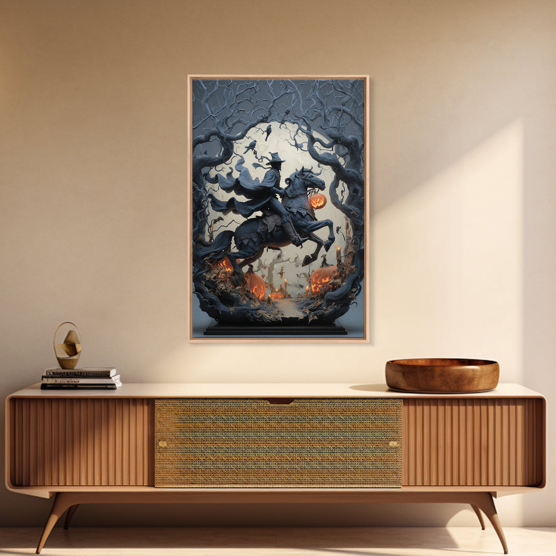 The Headless Horseman, Vertical Wall Art, Macabre Wall Art, Framed Canvas Print, Halloween Wall Decor, Gothic Home Decor, Statement Wall Art