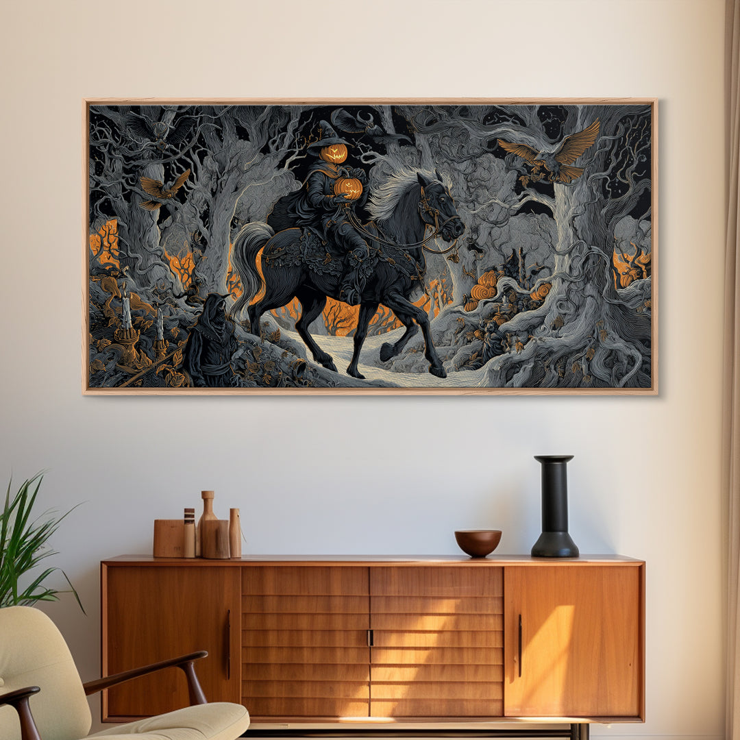 The Headless Horseman, Wide Panoramic Art, Dark Halloween Decor, Canvas Print, Halloween Wall Decor, Gothic Home Decor, Dark Fantasy Art