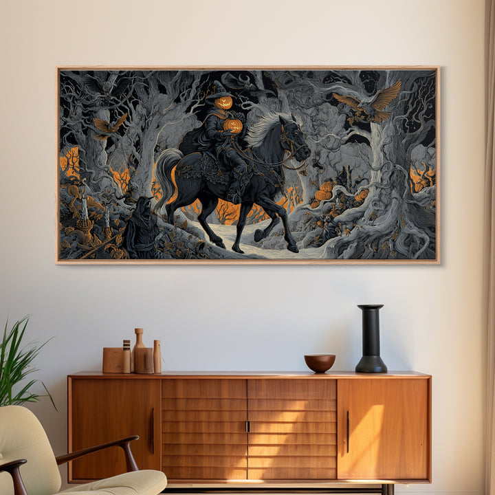 The Headless Horseman, Wide Panoramic Art, Dark Halloween Decor, Canvas Print, Halloween Wall Decor, Gothic Home Decor, Dark Fantasy Art