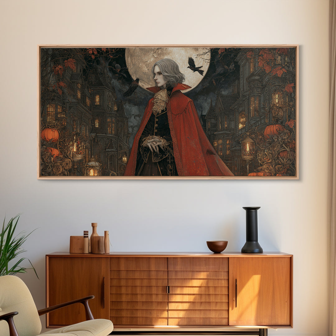 The Crimson Vampire, Wide Panoramic Art, Haunted Gothic Art, Framed Canvas Print, Halloween Wall Decor, Gothic Home Decor, Spooky Wall Decor