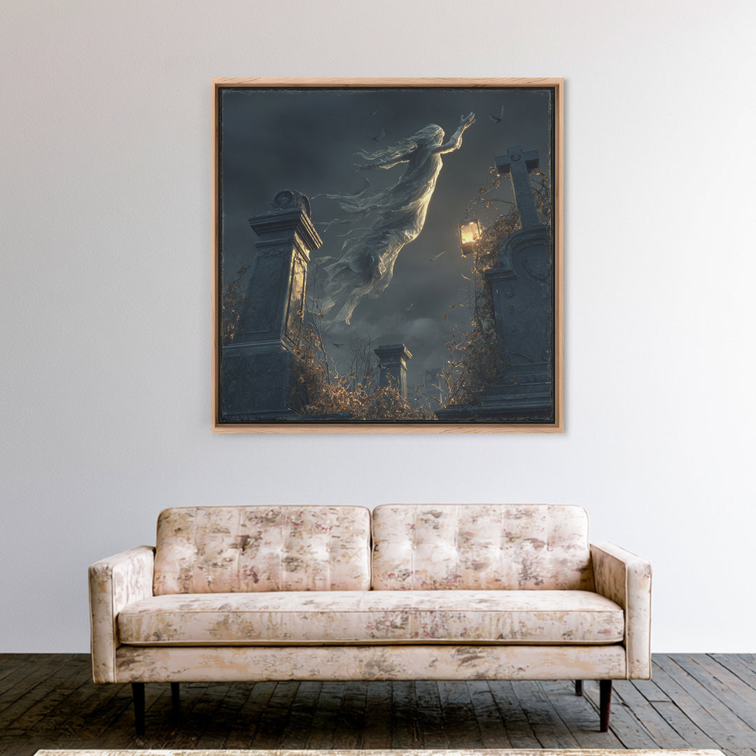 The Graveyard Ghost, Square Wall Art, Haunted Gothic Art, Framed Canvas Print, Halloween Wall Decor, Gothic Home Decor, Spooky Wall Decor