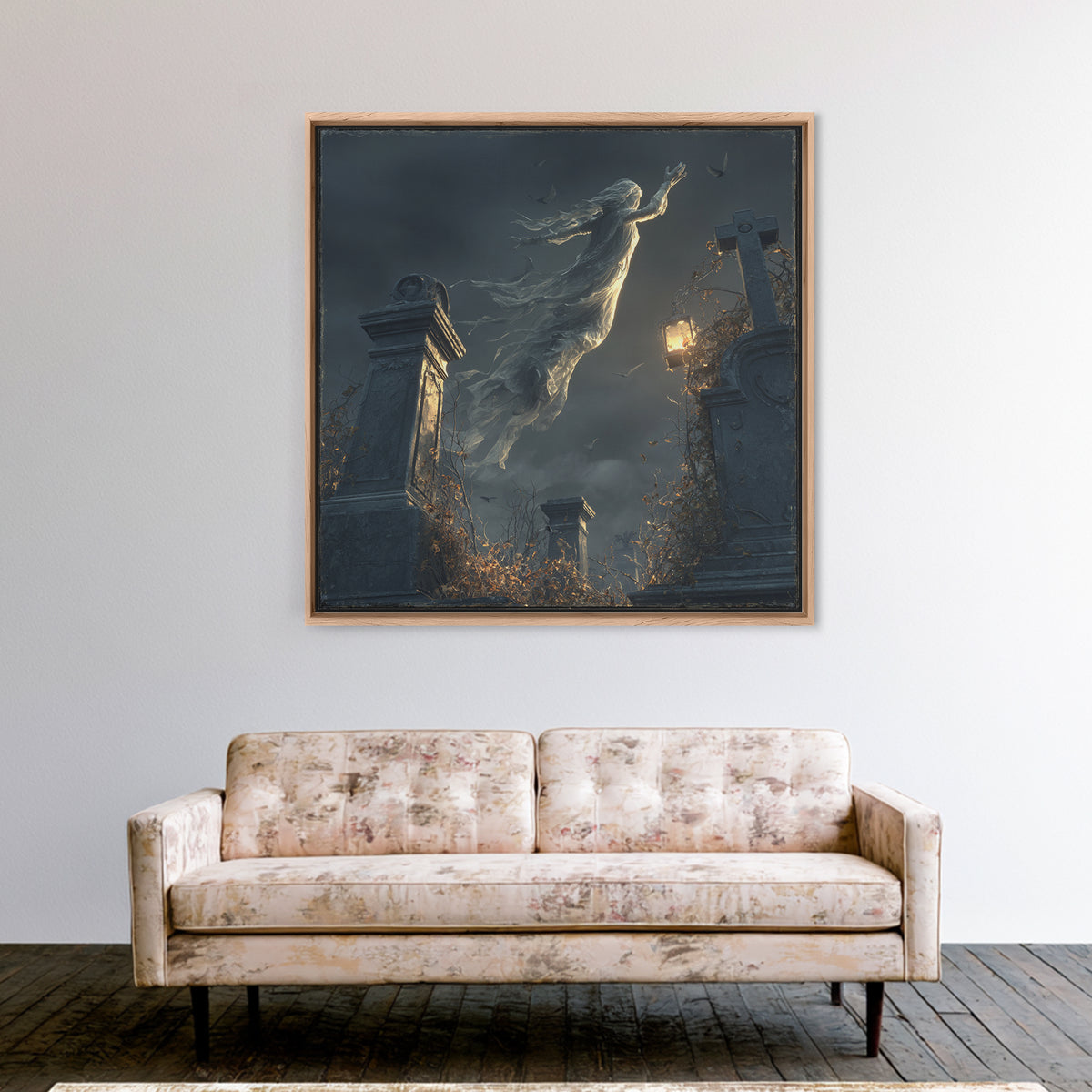 The Graveyard Ghost, Square Wall Art, Haunted Gothic Art, Framed Canvas Print, Halloween Wall Decor, Gothic Home Decor, Spooky Wall Decor