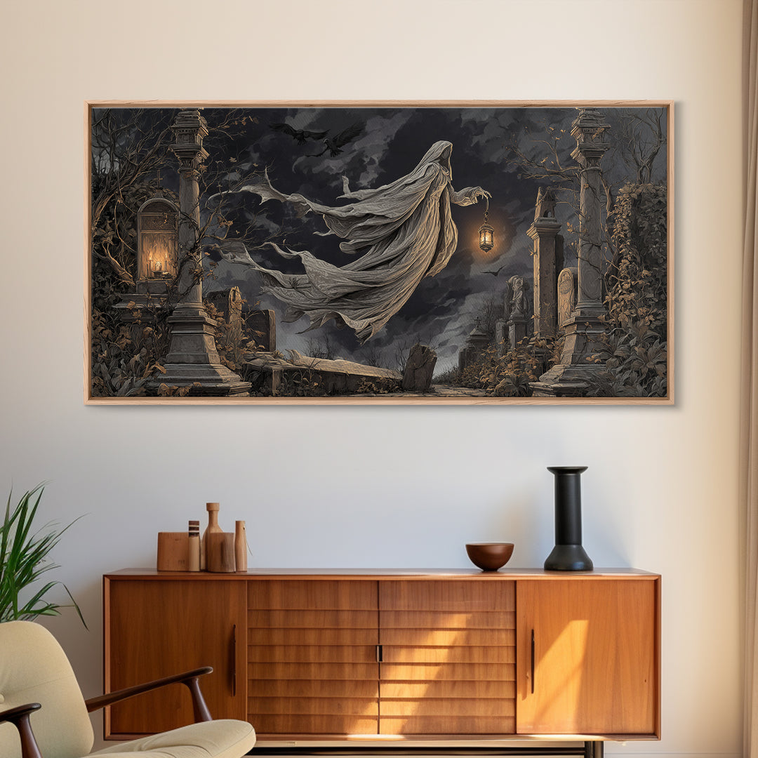 The Graveyard Ghost, Wide Panoramic Art, Gothic Horror Wall Art, Framed Canvas Print, Halloween Wall Decor, Gothic Home Decor