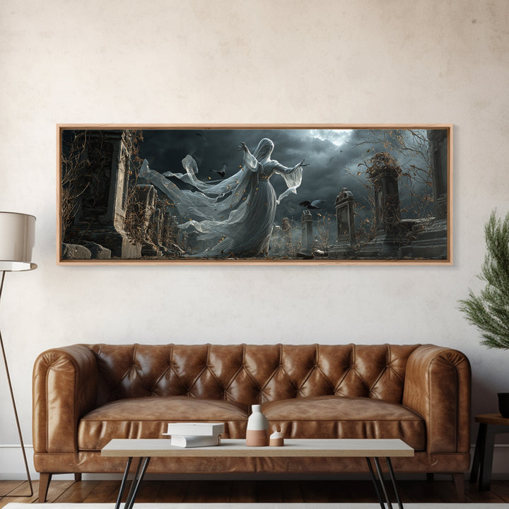 The Graveyard Ghost, Extra Wide Wall Art, Macabre Wall Art, Framed Canvas Print, Halloween Wall Decor, Gothic Home Decor