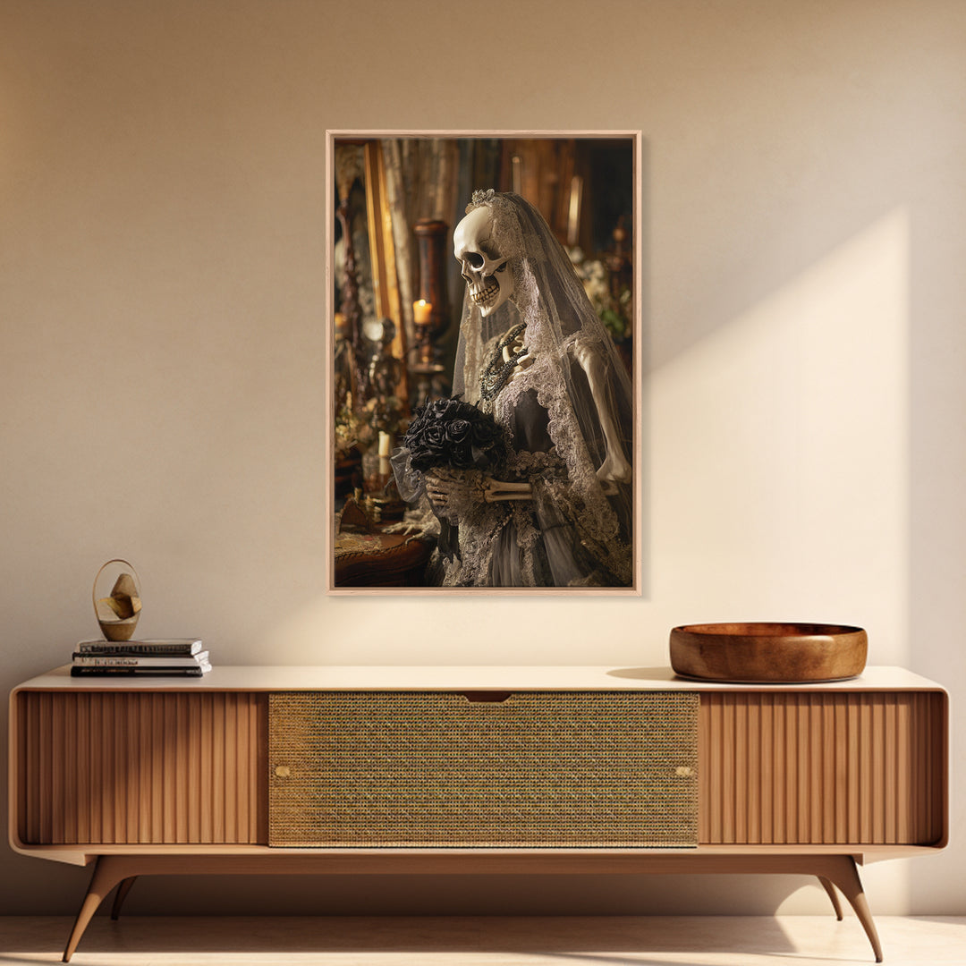The Skeletal Bride, Vertical Wall Art, Macabre Wall Art, Framed Canvas Print, Halloween Wall Decor, Gothic Home Decor, Spooky Wall Decor