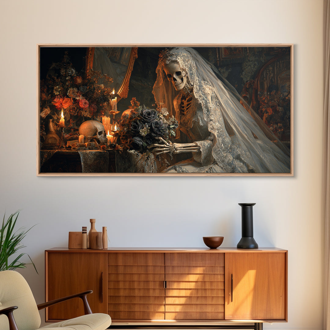 The Skeletal Bride, Wide Panoramic Art, Haunted Gothic Art, Framed Canvas Print, Halloween Wall Decor, Gothic Home Decor, Dark Fantasy Art