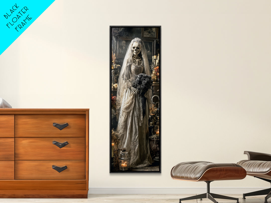 The Skeletal Bride, Tall Narrow Wall Art, Macabre Wall Art, Framed Canvas Print, Halloween Wall Decor, Gothic Home Decor, Halloween Decor