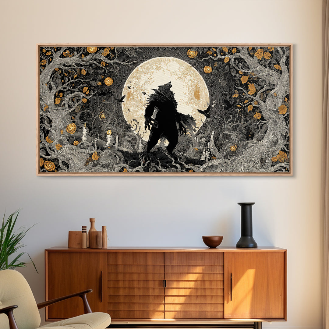 The Moon-Cursed Werewolf, Wide Panoramic Art, Macabre Wall Art, Framed Canvas Print, Halloween Wall Decor, Gothic Home Decor