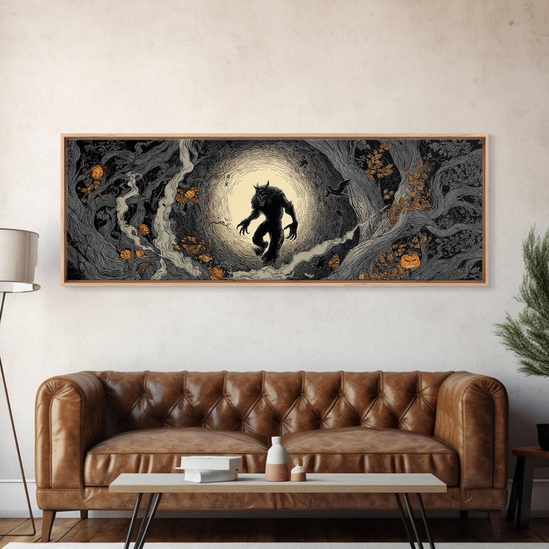 The Moon-Cursed Werewolf, Extra Wide Wall Art, Spooky Home Decor, Canvas Print, Halloween Wall Decor, Gothic Home Decor, Horror Wall Art