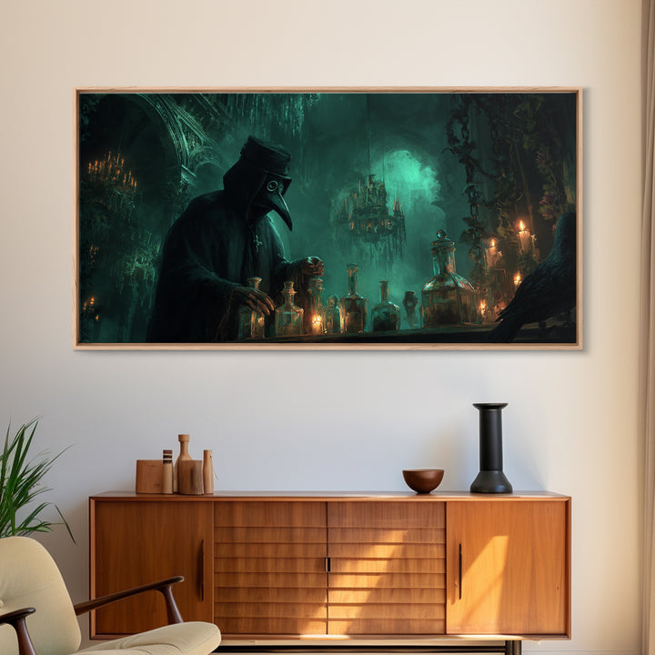 The Plague Doctor, Wide Panoramic Art, Macabre Wall Art, Framed Canvas Print, Halloween Wall Decor, Gothic Home Decor, Halloween Wall Art
