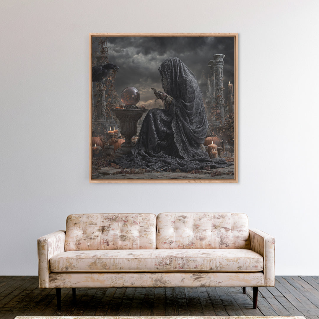 The Midnight Fortune Teller, Square Wall Art, Gothic Horror Wall Art, Framed Canvas Print, Halloween Wall Decor, Gothic Home Decor