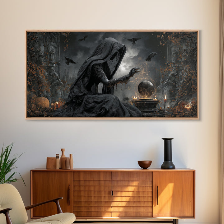The Midnight Fortune Teller, Wide Panoramic Art, Macabre Wall Art, Framed Canvas Print, Halloween Wall Decor, Gothic Home Decor