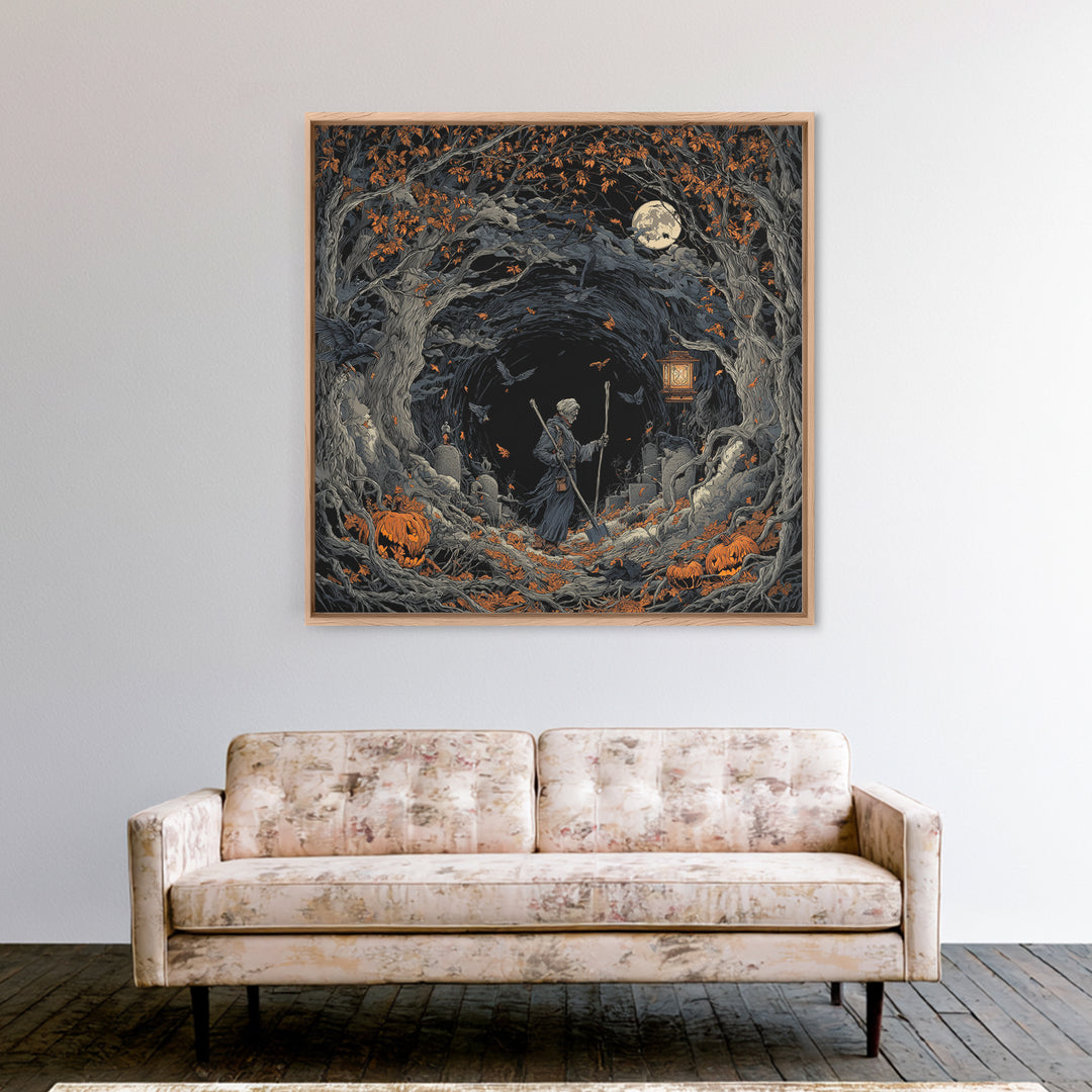 The Lantern Gravedigger, Square Wall Art, Dark Halloween Decor, Canvas Print, Halloween Wall Decor, Gothic Home Decor, Spooky Wall Decor
