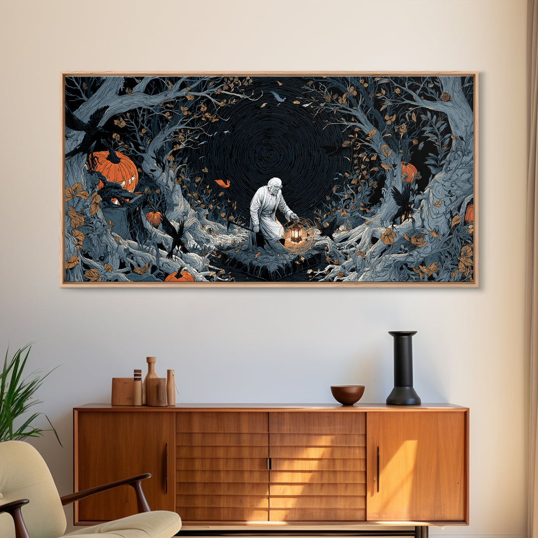 The Lantern Gravedigger, Wide Panoramic Art, Spooky Home Decor, Canvas Print, Halloween Wall Decor, Gothic Home Decor, Spooky Wall Decor