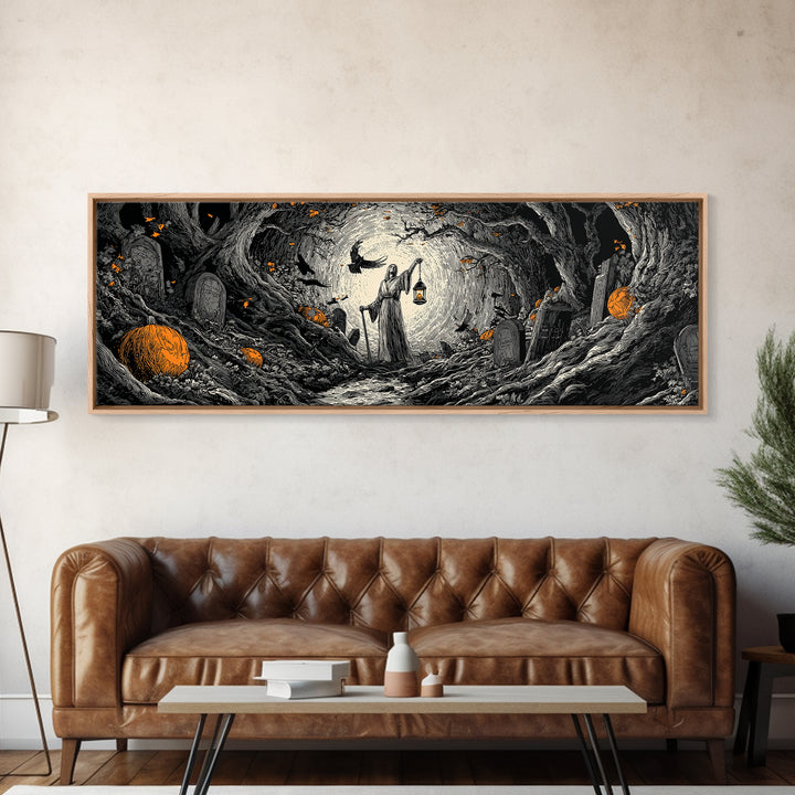 The Lantern Gravedigger, Extra Wide Wall Art, Gothic Horror Wall Art, Framed Canvas Print, Halloween Wall Decor, Gothic Home Decor
