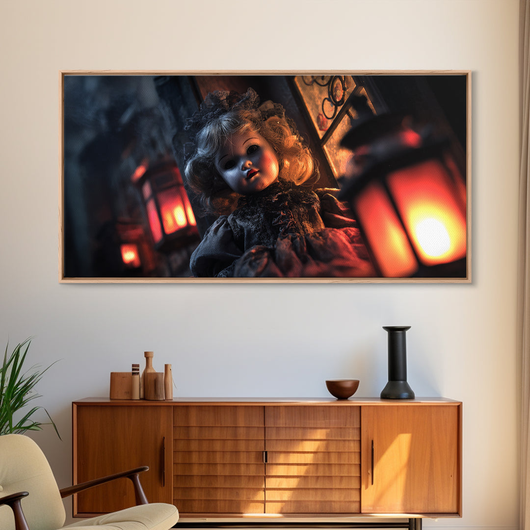 The Haunted Porcelain Doll, Wide Panoramic Art, Spooky Home Decor, Canvas Print, Halloween Wall Decor, Gothic Home Decor, Halloween Wall Art
