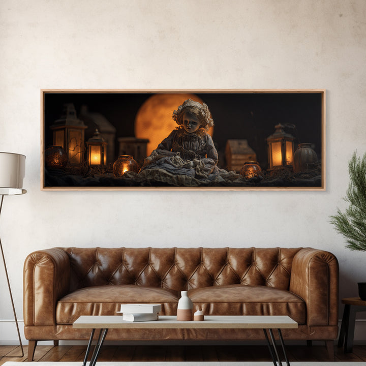 The Haunted Porcelain Doll, Extra Wide Wall Art, Macabre Wall Art, Framed Canvas Print, Halloween Wall Decor, Gothic Home Decor