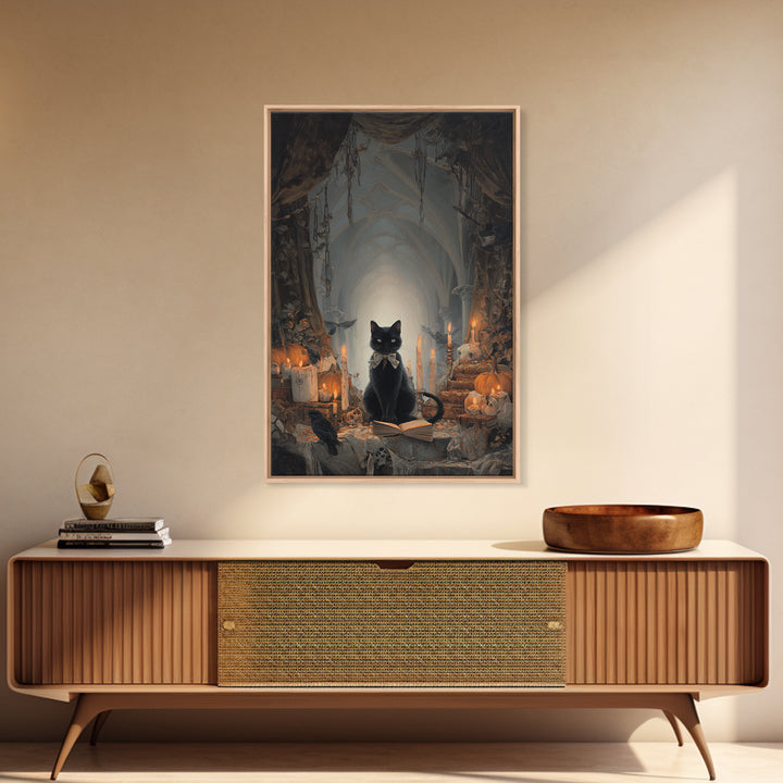 The Black Cat Familiar, Vertical Wall Art, Gothic Horror Wall Art, Framed Canvas Print, Halloween Wall Decor, Gothic Home Decor