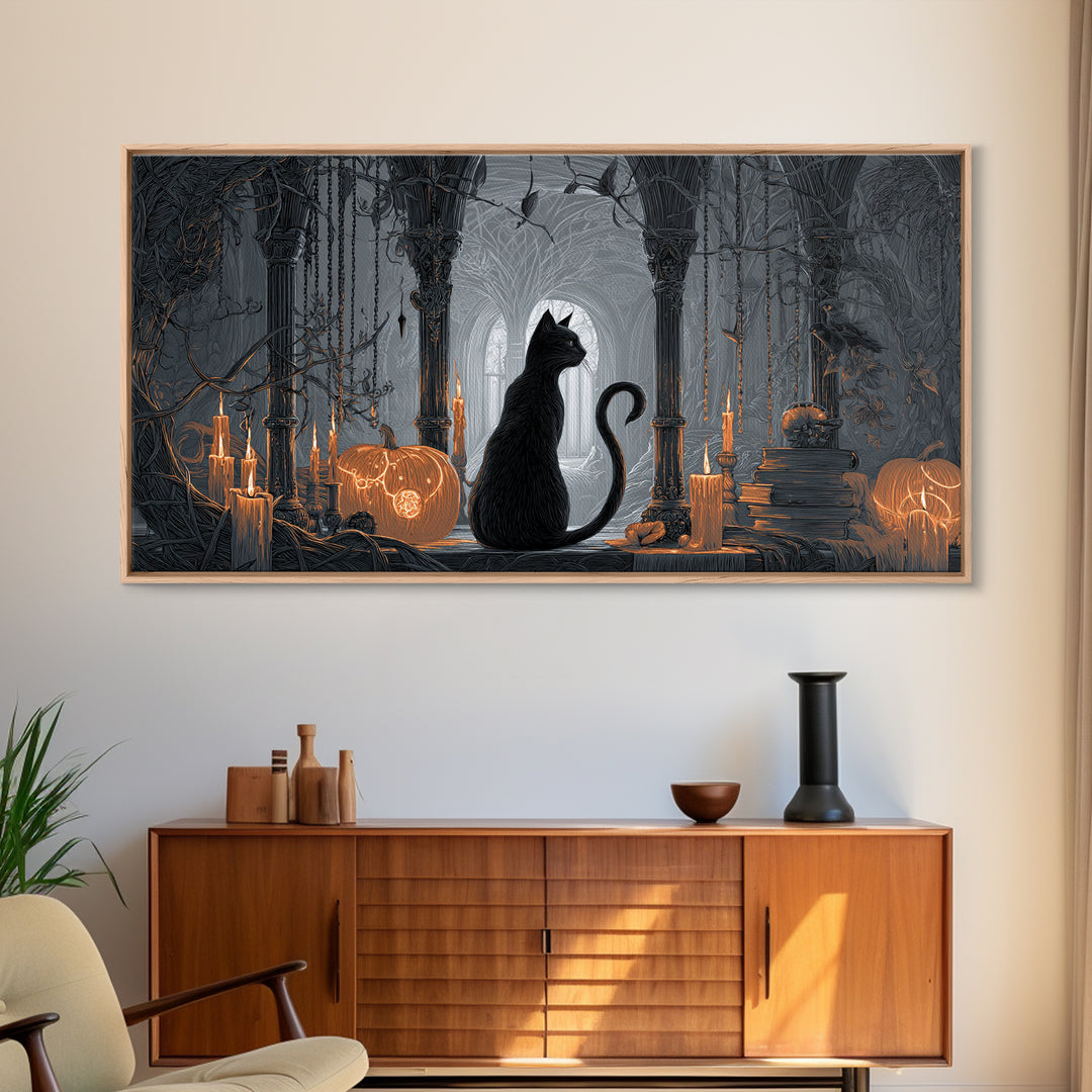 The Black Cat Familiar, Wide Panoramic Art, Haunted Gothic Art, Framed Canvas Print, Halloween Wall Decor, Gothic Home Decor