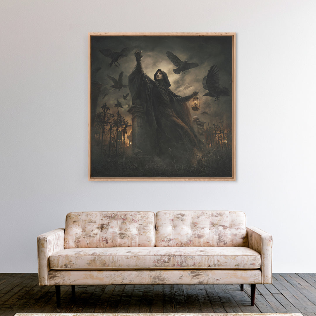 The Raven Keeper, Square Wall Art, Macabre Wall Art, Framed Canvas Print, Halloween Wall Decor, Gothic Home Decor, Halloween Wall Art