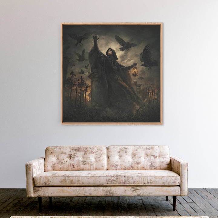 The Raven Keeper, Square Wall Art, Macabre Wall Art, Framed Canvas Print, Halloween Wall Decor, Gothic Home Decor, Halloween Wall Art