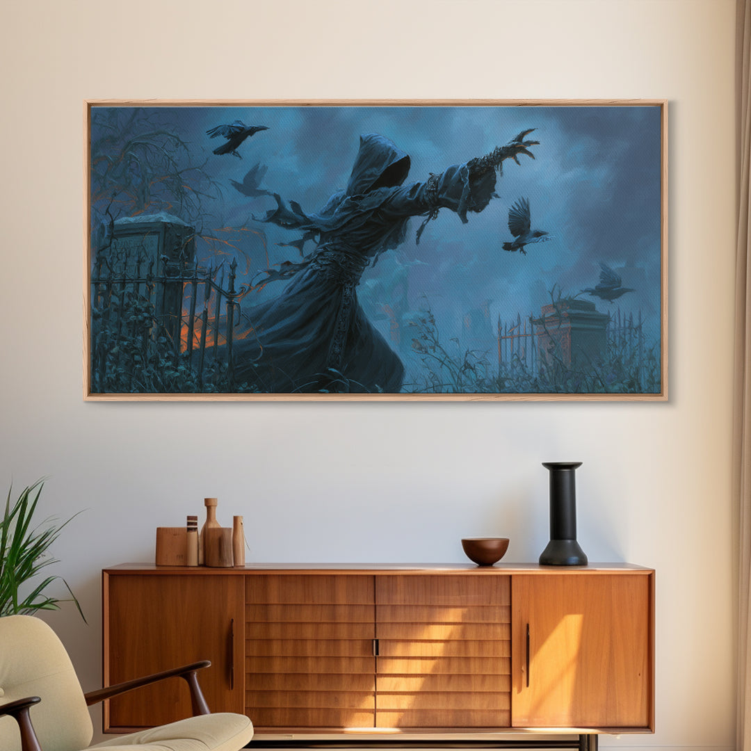 The Raven Keeper, Wide Panoramic Art, Dark Halloween Decor, Canvas Print, Halloween Wall Decor, Gothic Home Decor, Horror Wall Art