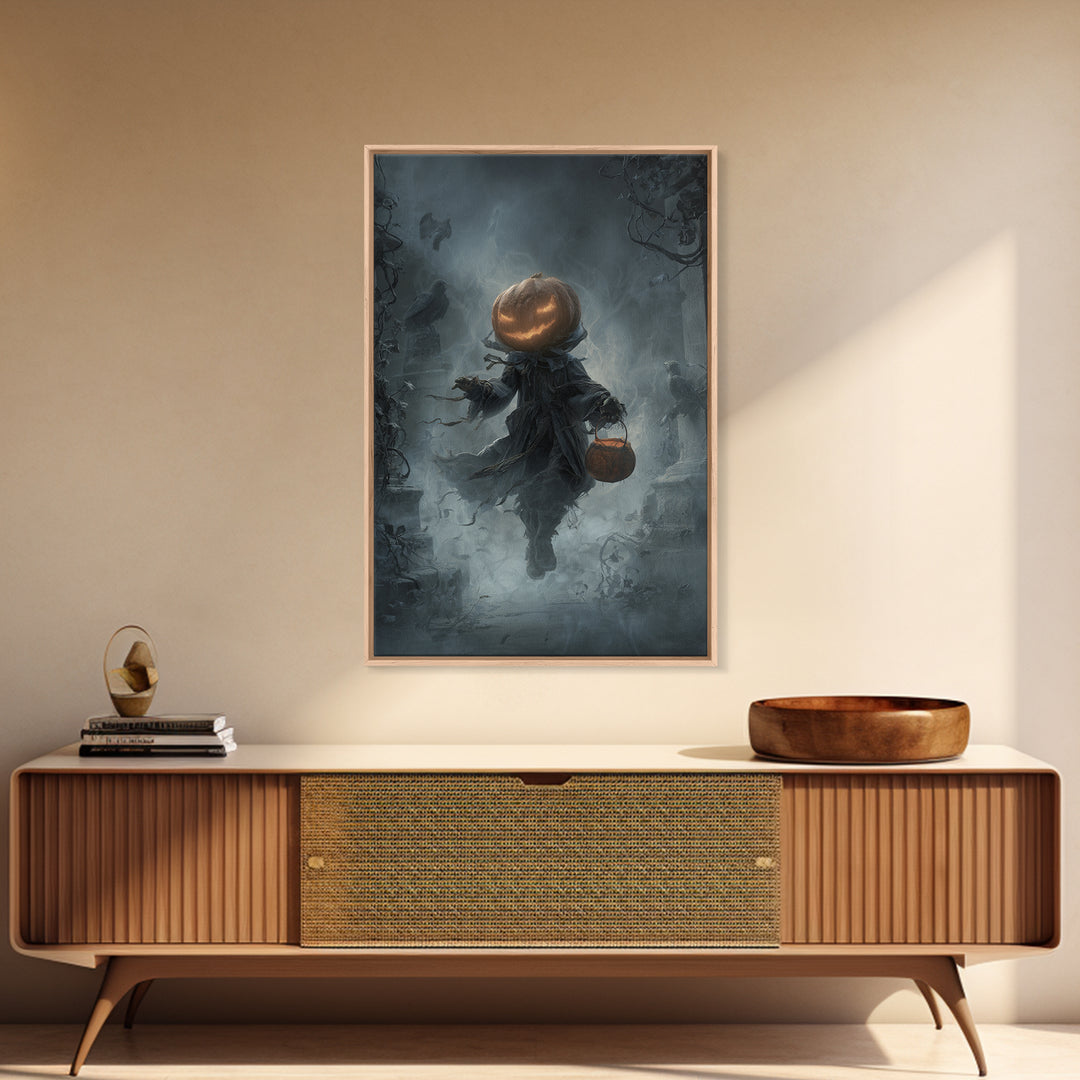 The Pumpkin-Headed Child, Vertical Wall Art, Haunted Gothic Art, Framed Canvas Print, Halloween Wall Decor, Gothic Home Decor